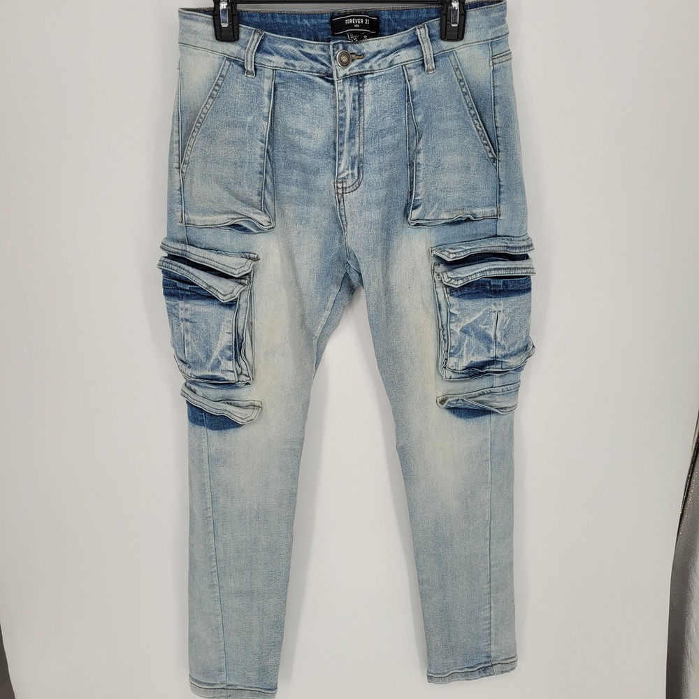 Forever 21 Cargo Jeans Mens 33 Light Wash Slim Fit Multi Pocket Denim streetwear